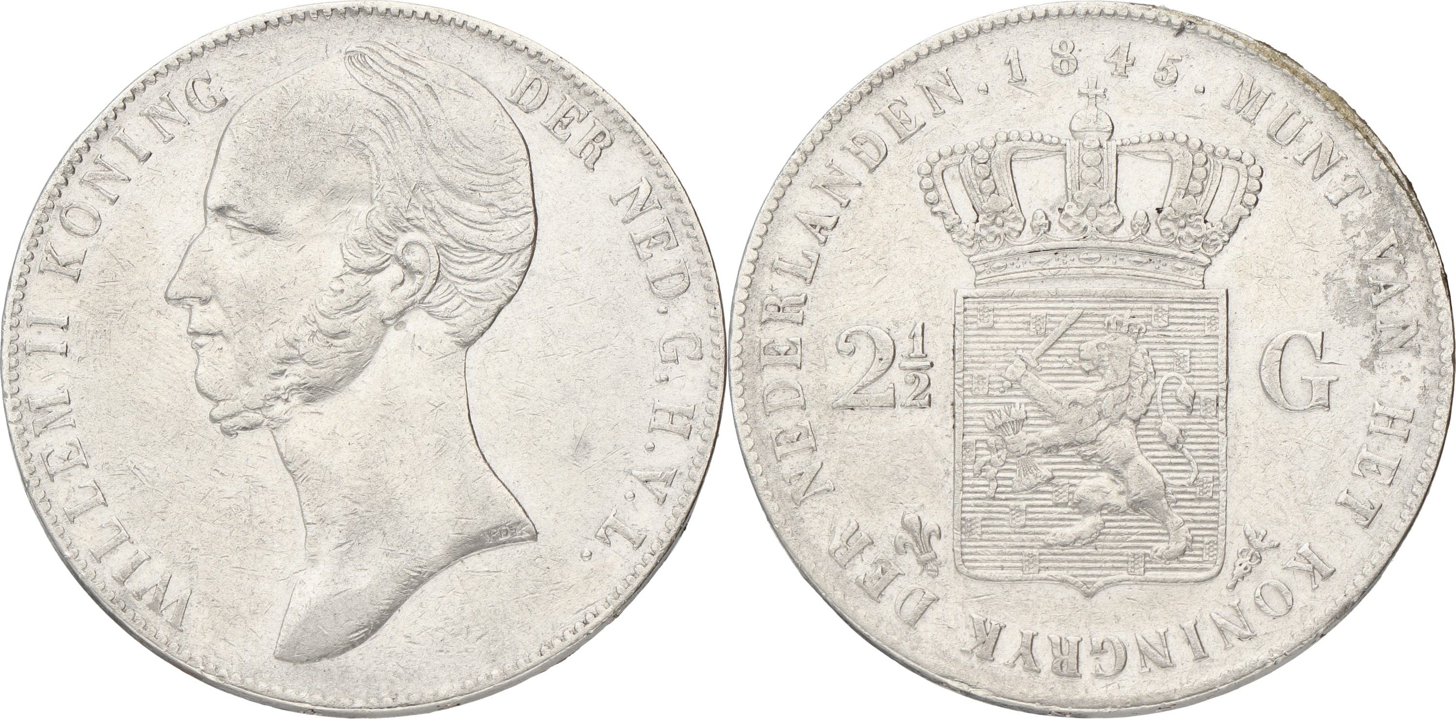2½ Gulden. Willem II. 1845 Without stripe. VF