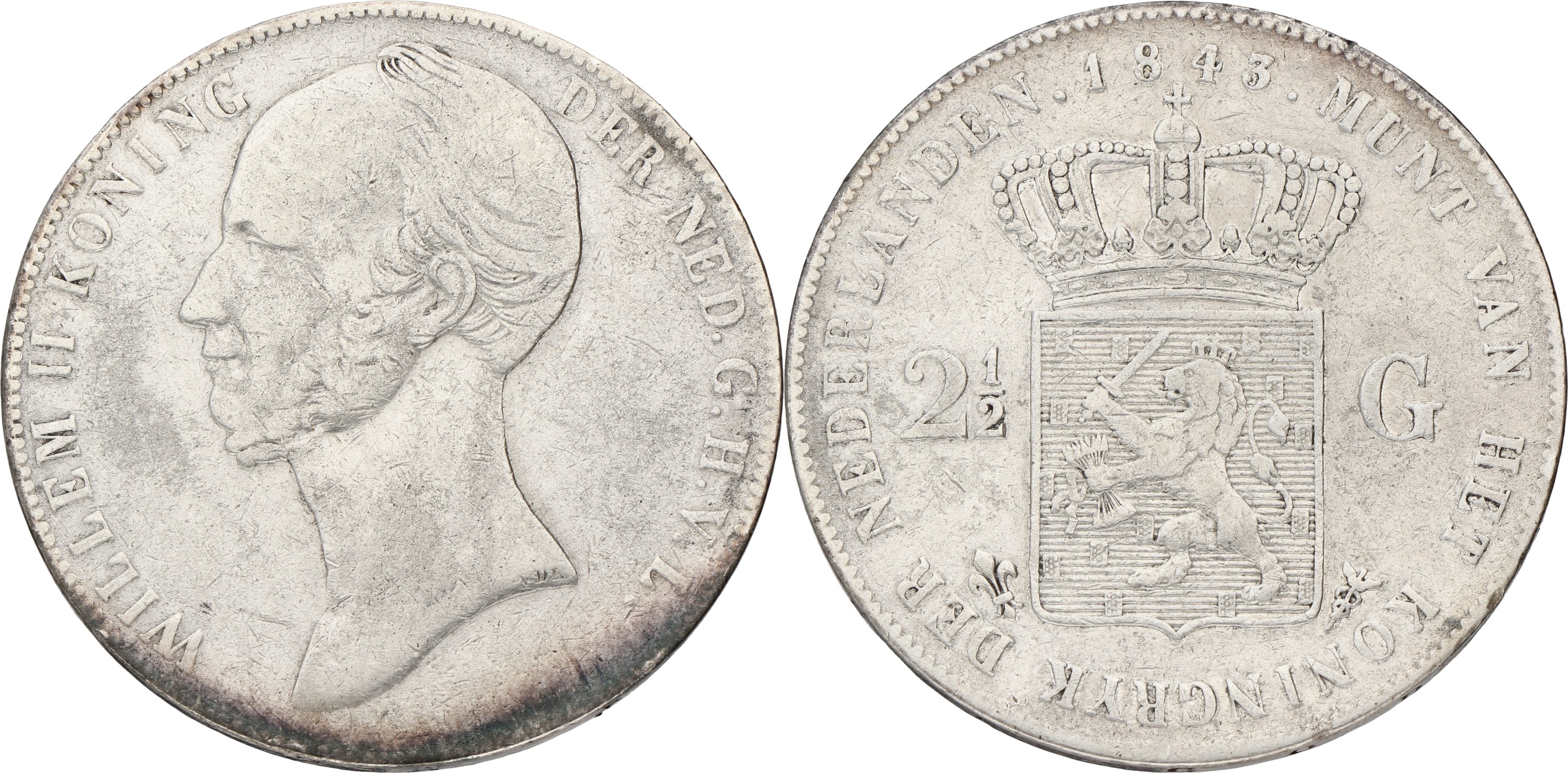 2½ Gulden. Willem II. 1843. F / VF