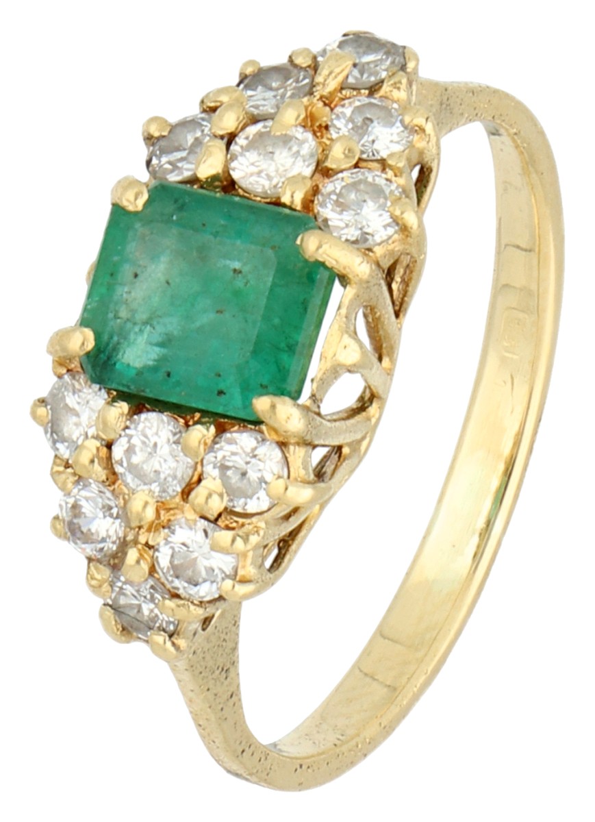 14K geelgouden ring bezet met ca. 0.36 ct. diamant en smaragd
