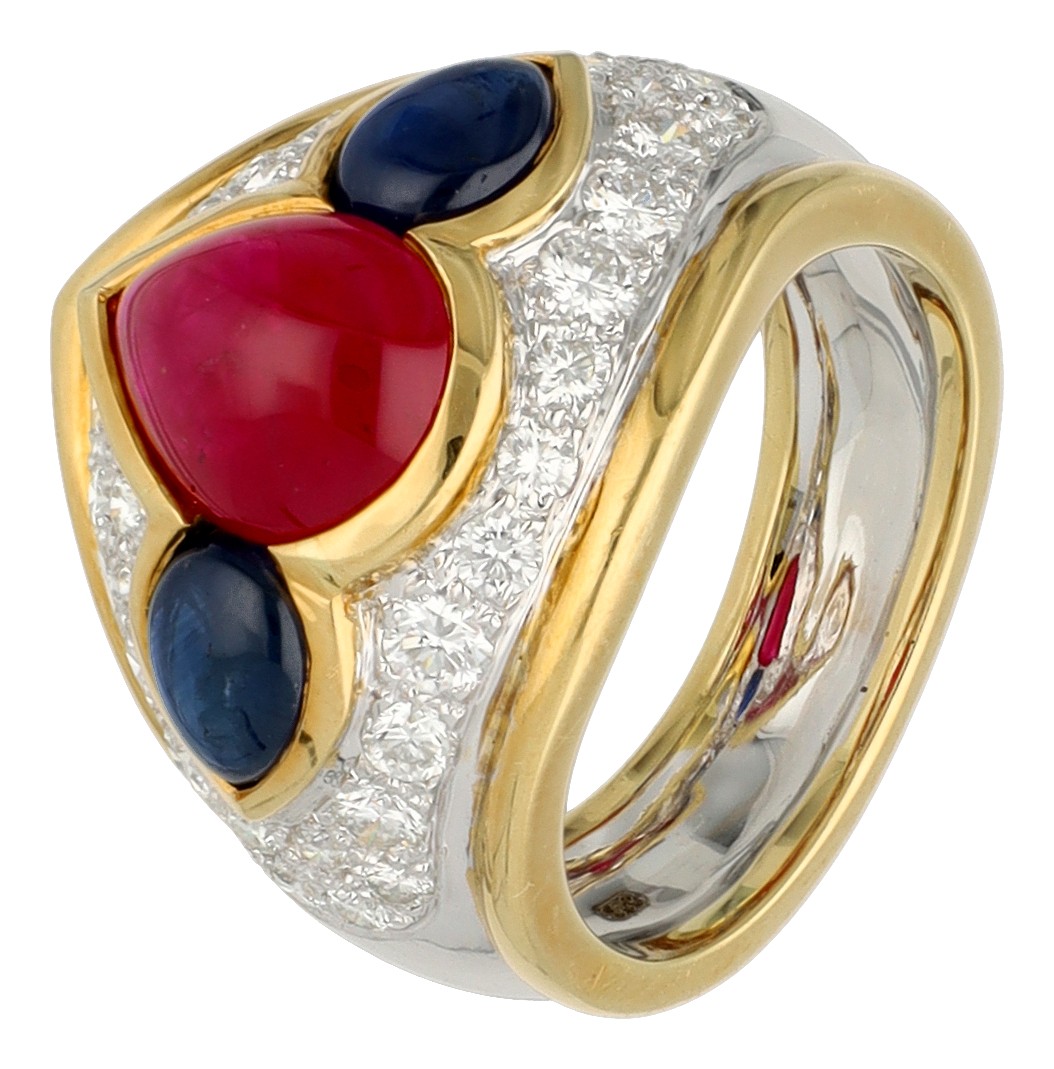 18K bicolor gouden ring bezet met ca. 0.56 ct. diamant, robijn en saffier 