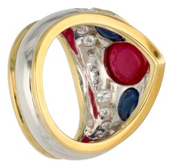 18K bicolor gouden ring bezet met ca. 0.56 ct. diamant, robijn en saffier 