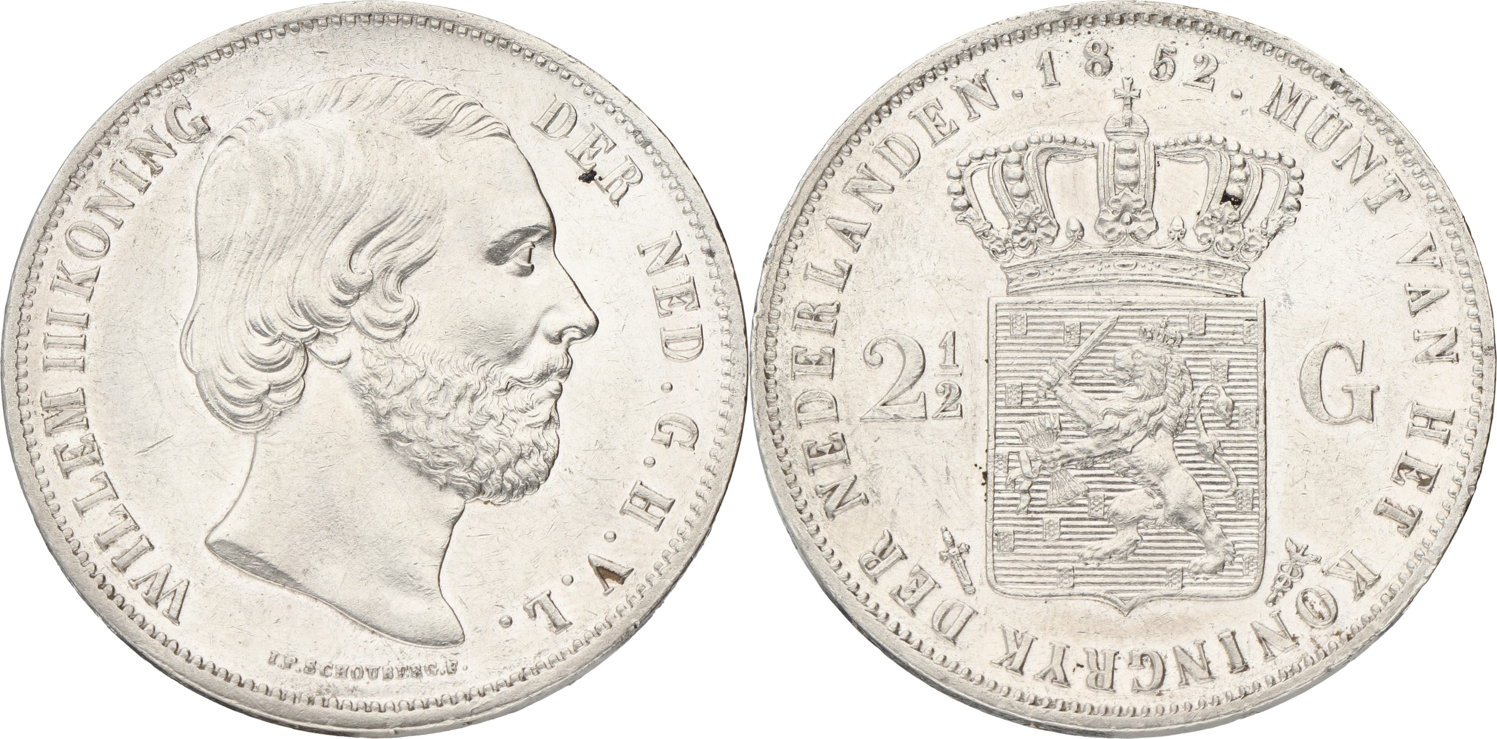 2½ Gulden. Willem III. 1852 With dot. VF / XF