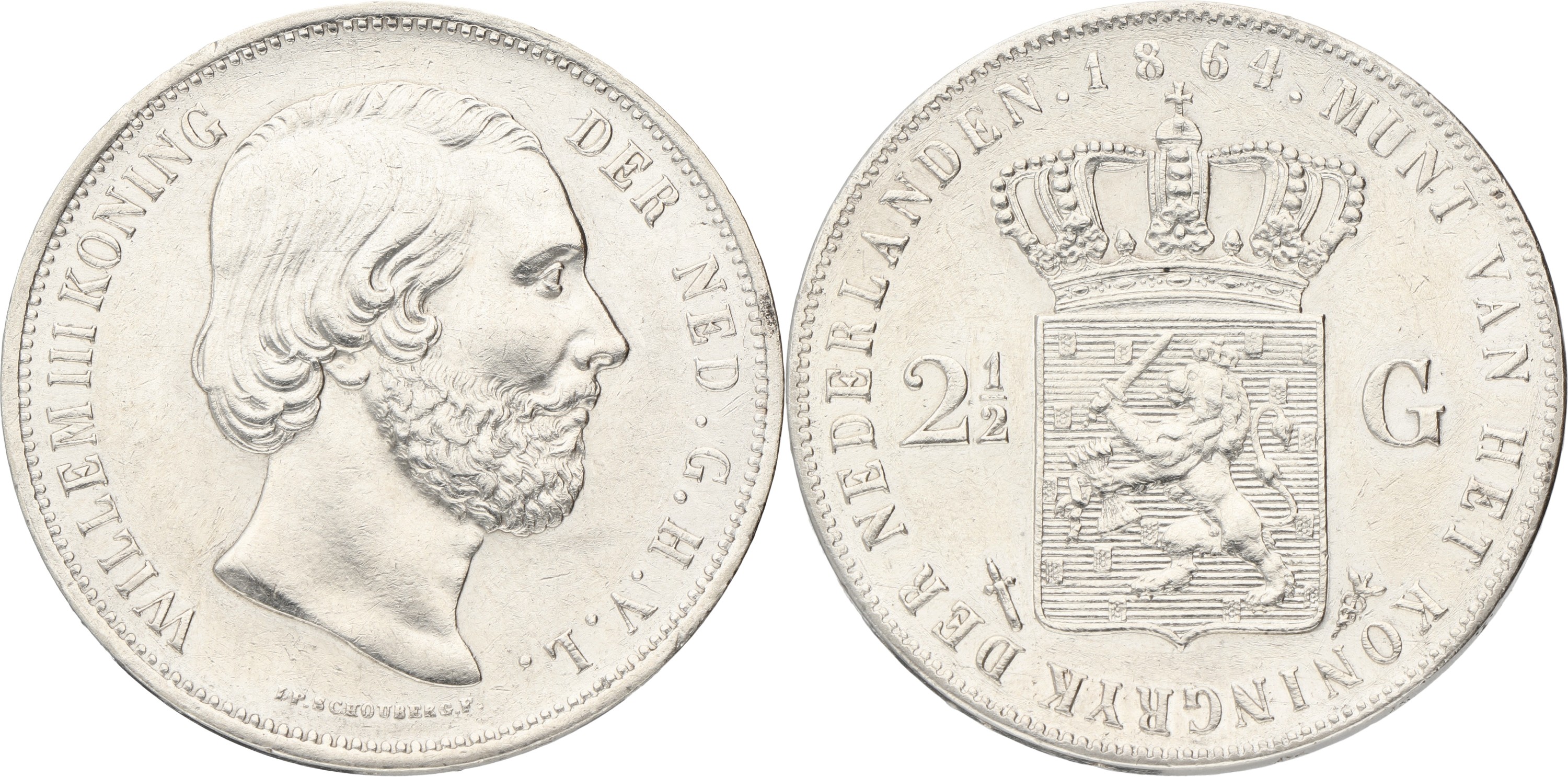 2½ Gulden. Willem III. 1864 With dot. XF -
