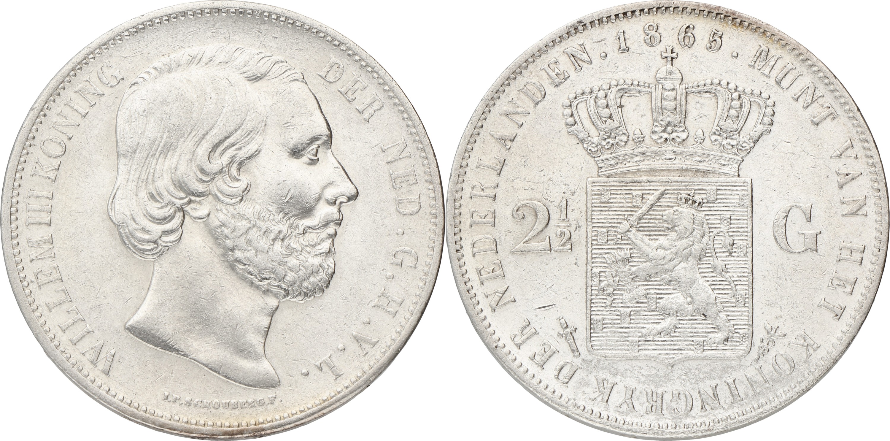 2½ Gulden. Willem III. 1865 With dot. XF -