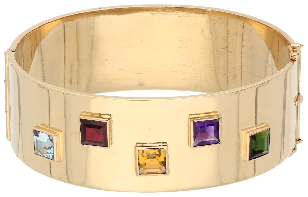 18K Geelgouden Zweedse design armband aquamarijn, citrien, amethist, robijn en toermalijn