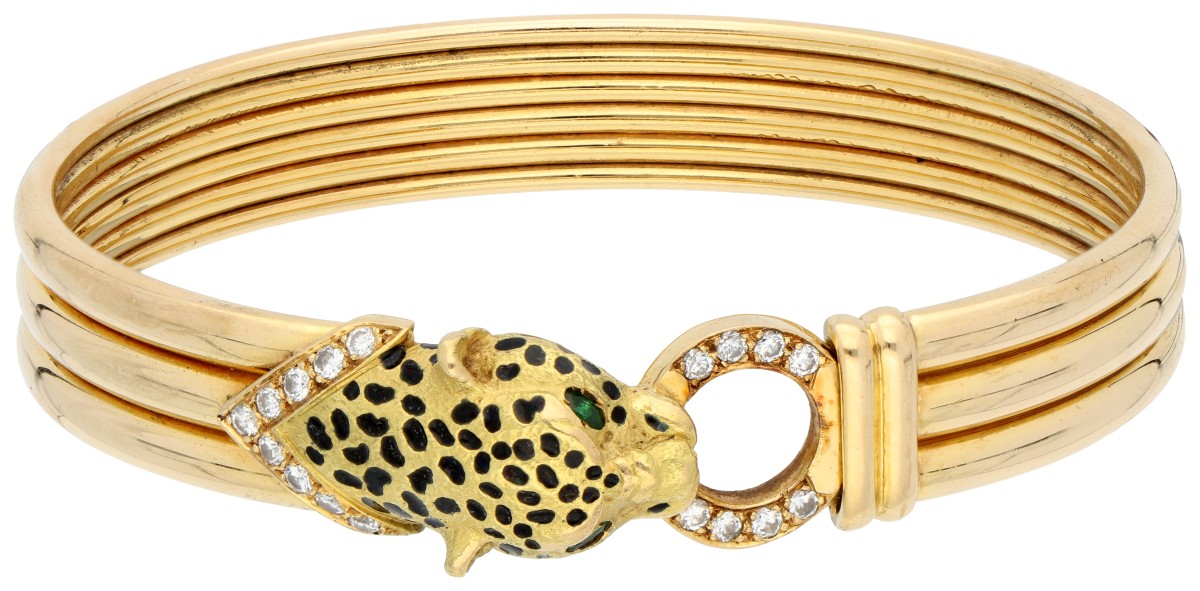 18K geelgouden armband bezet met ca. 0.56 ct. diamant, smaragd en emaille 