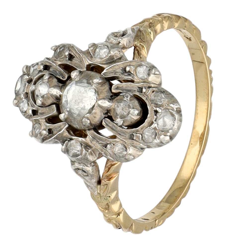 14K Gouden/zilveren ring met roos geslepen diamanten