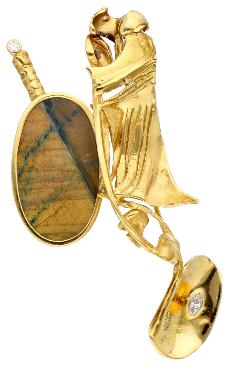 18K geelgouden broche bezet met labradoriet en diamant