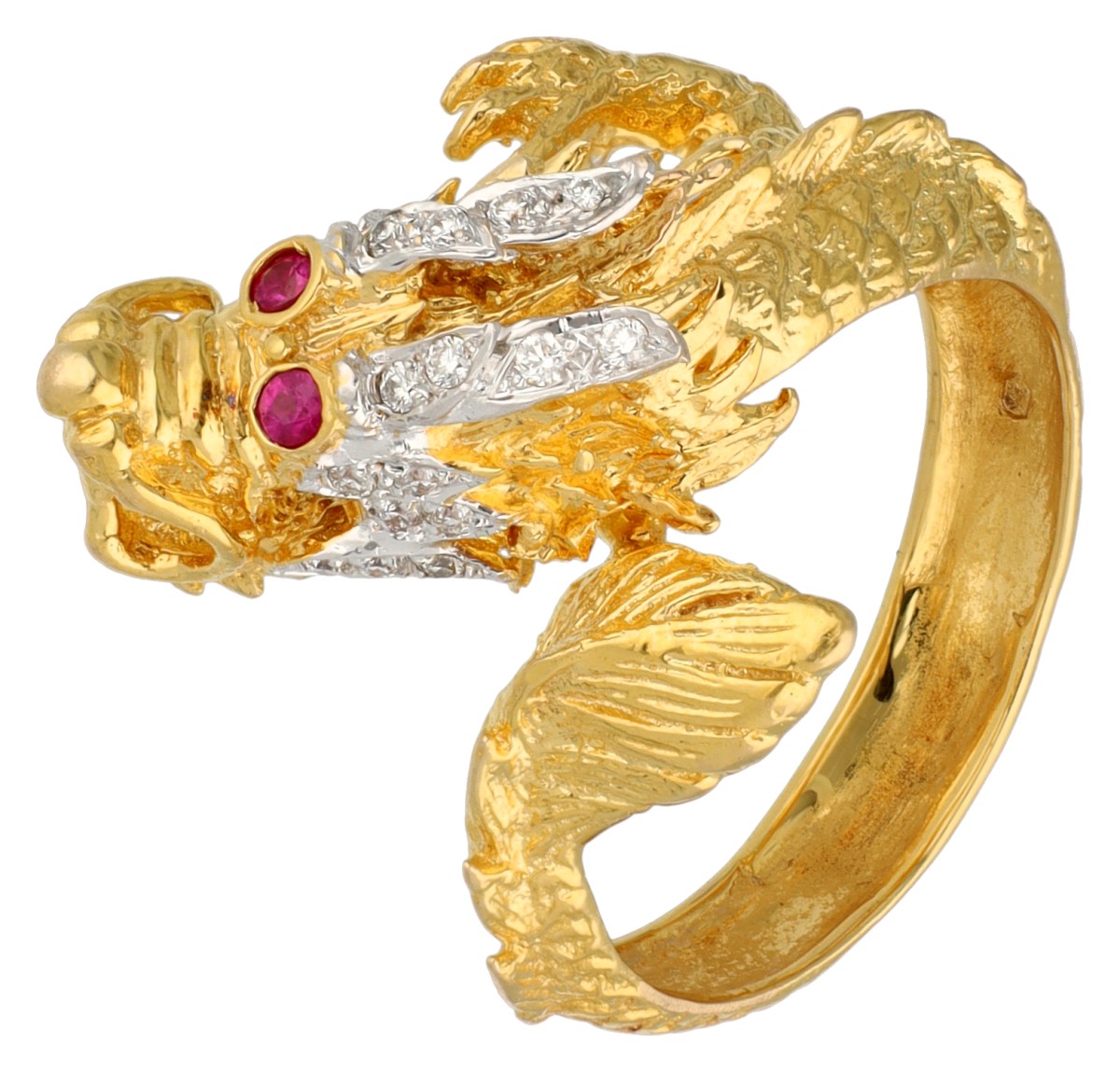 18K geelgouden draken ring bezet met ca. 0.22 ct. diamant en robijn 