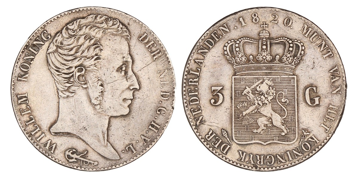 3 Gulden Willem I 1820. Zeer fraai +.