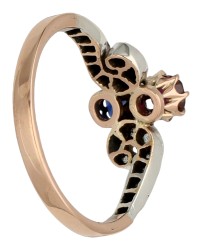 Gouden/zilveren ring met diamant, robijn en saffier