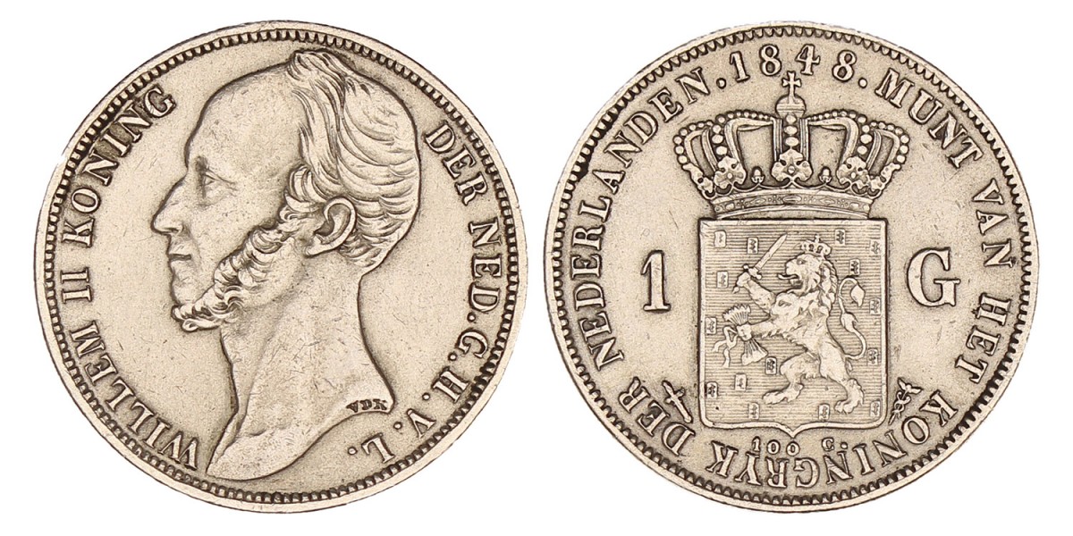 1 Gulden Willem II 1848. Prachtig -.