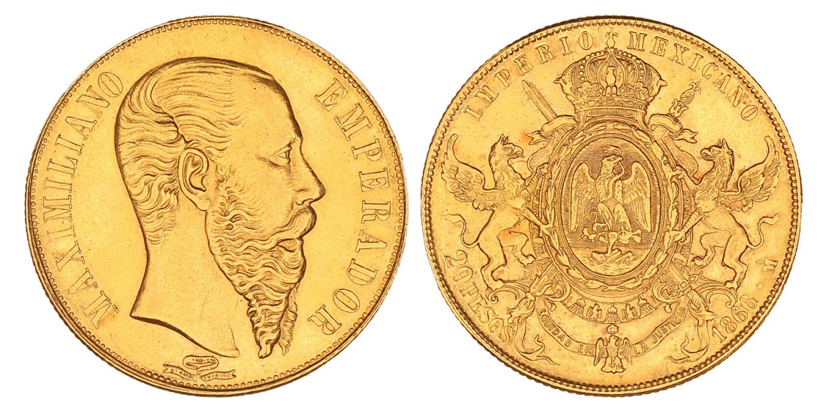 Mexico. Second empire. Maximiliano. 20 Pesos. 1866.