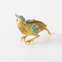 Miniatuur vogel goud met turkoois en robijn