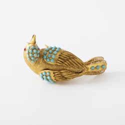 Miniatuur vogel goud met turkoois en robijn