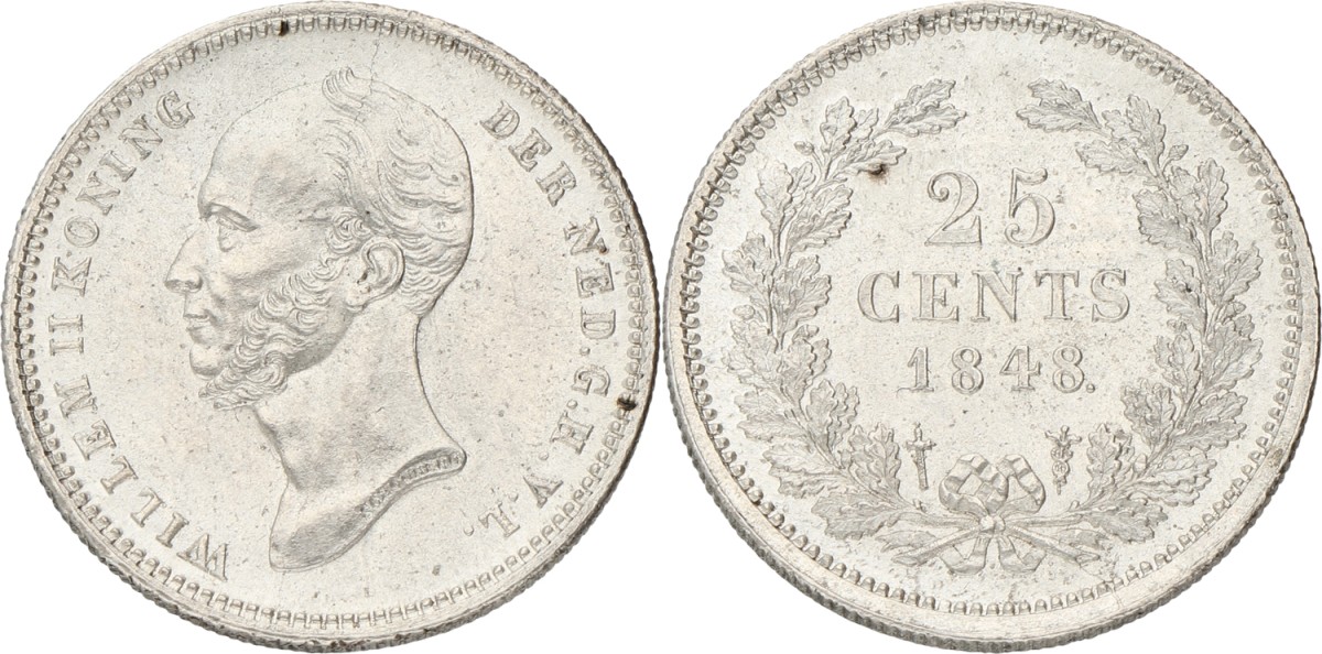25 Cent. Willem II. 1848 With Dot. UNC.