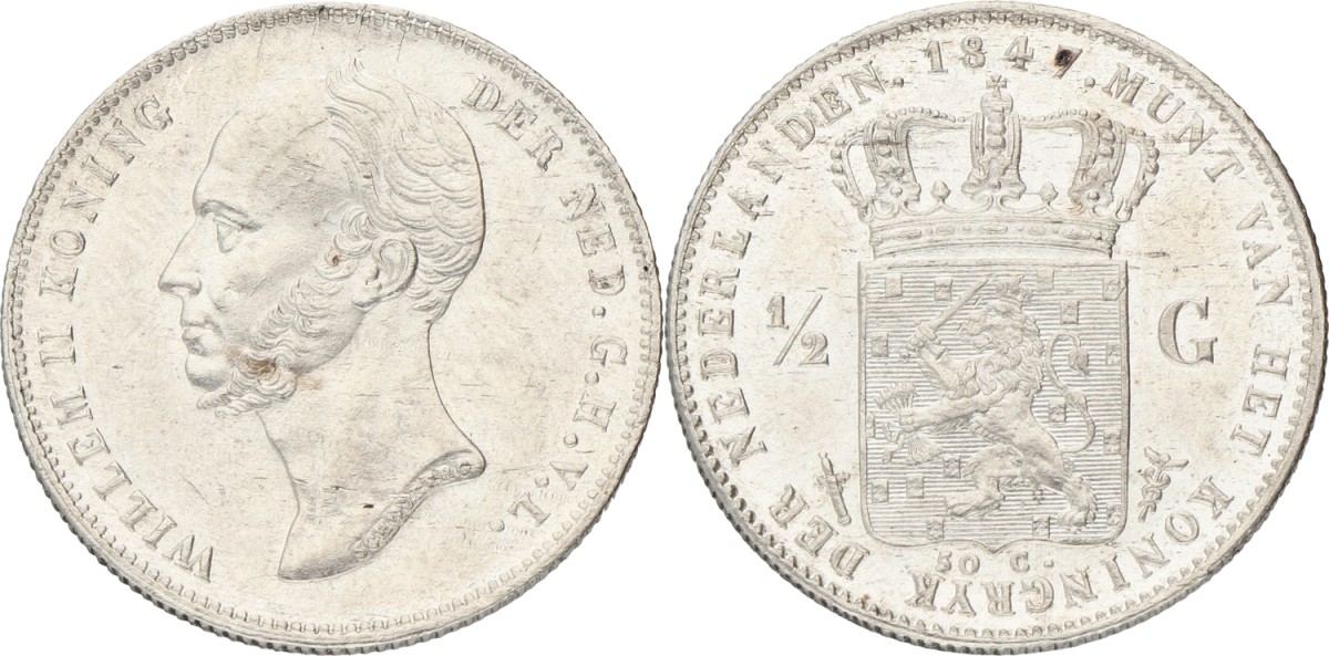 ½ Gulden. Willem II. 1847. XF +.