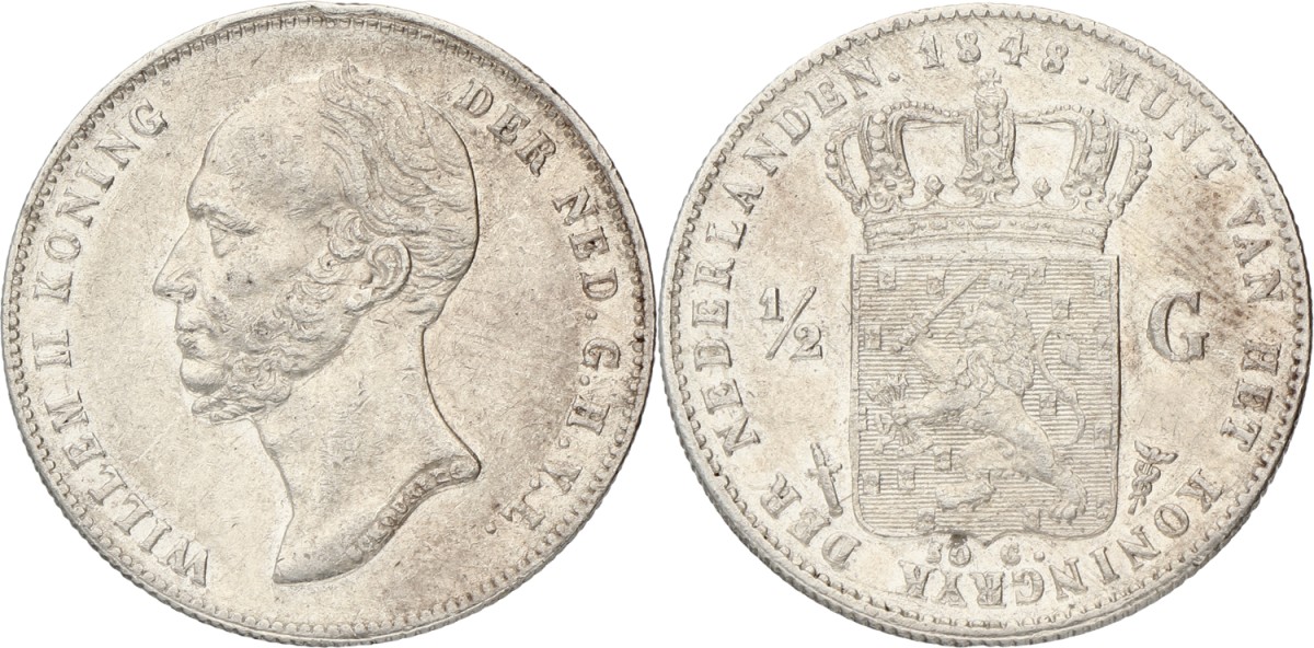 ½ Gulden. Willem II. 1848. VF / XF