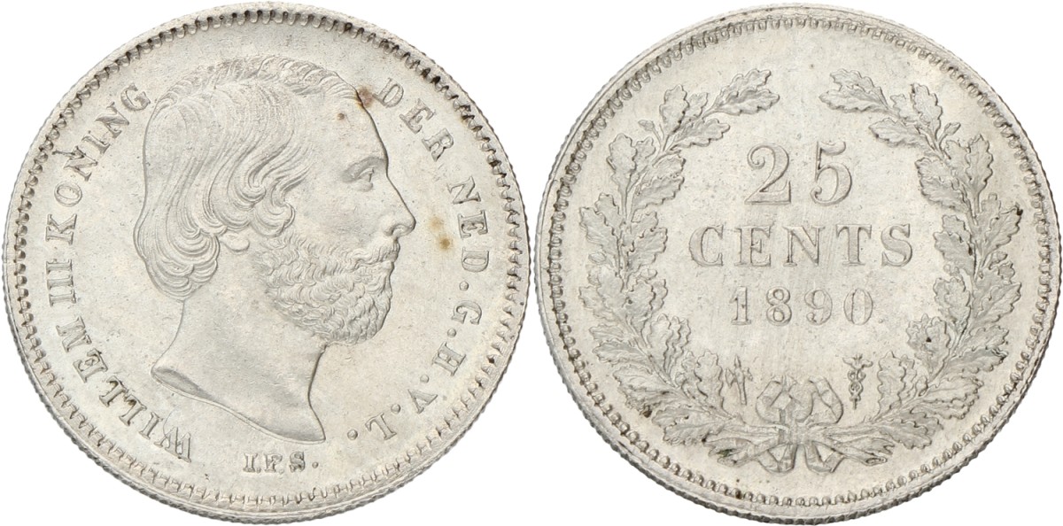 25 Cent. Willem III. 1890 With dot. UNC.