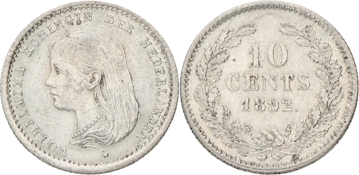 10 Cent. Wilhelmina. 1892. XF