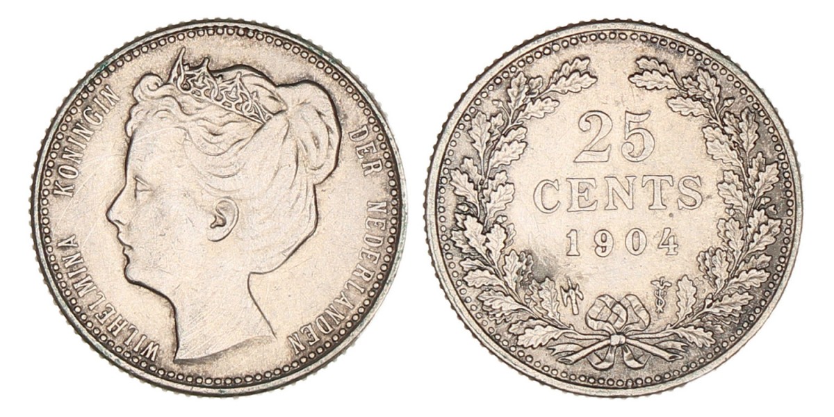 25 Cent Wilhelmina 1904. Prachtig +.