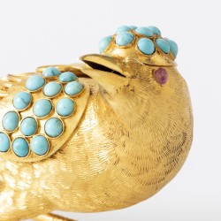 Miniatuur vogel goud met turkoois en robijn