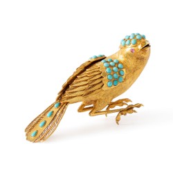 Miniatuur vogel goud met turkoois en robijn