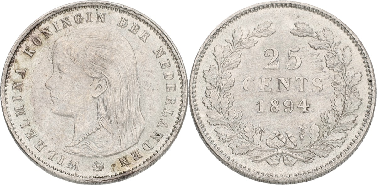 25 Cent. Wilhelmina. 1894. UNC.