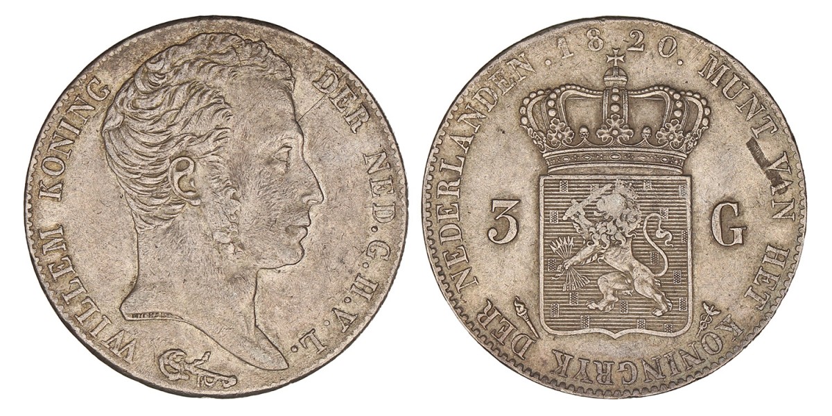 3 Gulden Willem I 1820 U. Zeer fraai +.