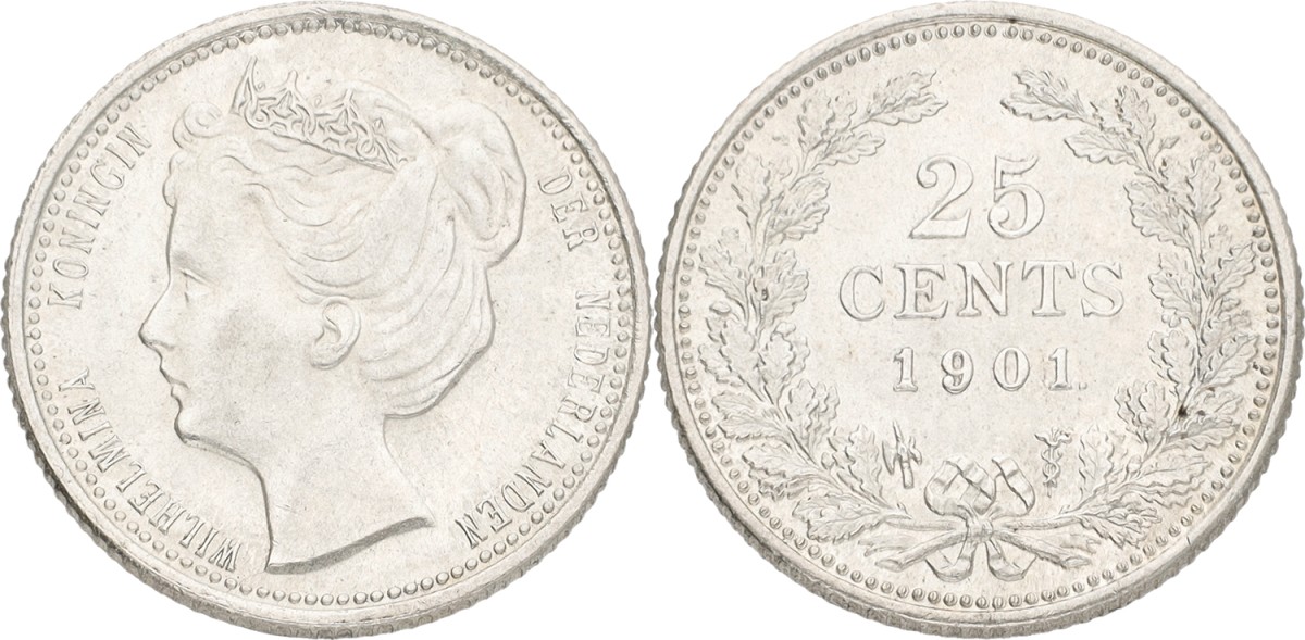 25 Cent. Wilhelmina. 1901. Narrow truncation. UNC.