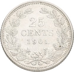25 Cent. Wilhelmina. 1901. Narrow truncation. UNC.