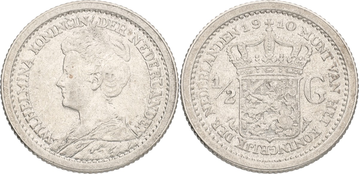 ½ Gulden. Wilhelmina. 1910. XF -