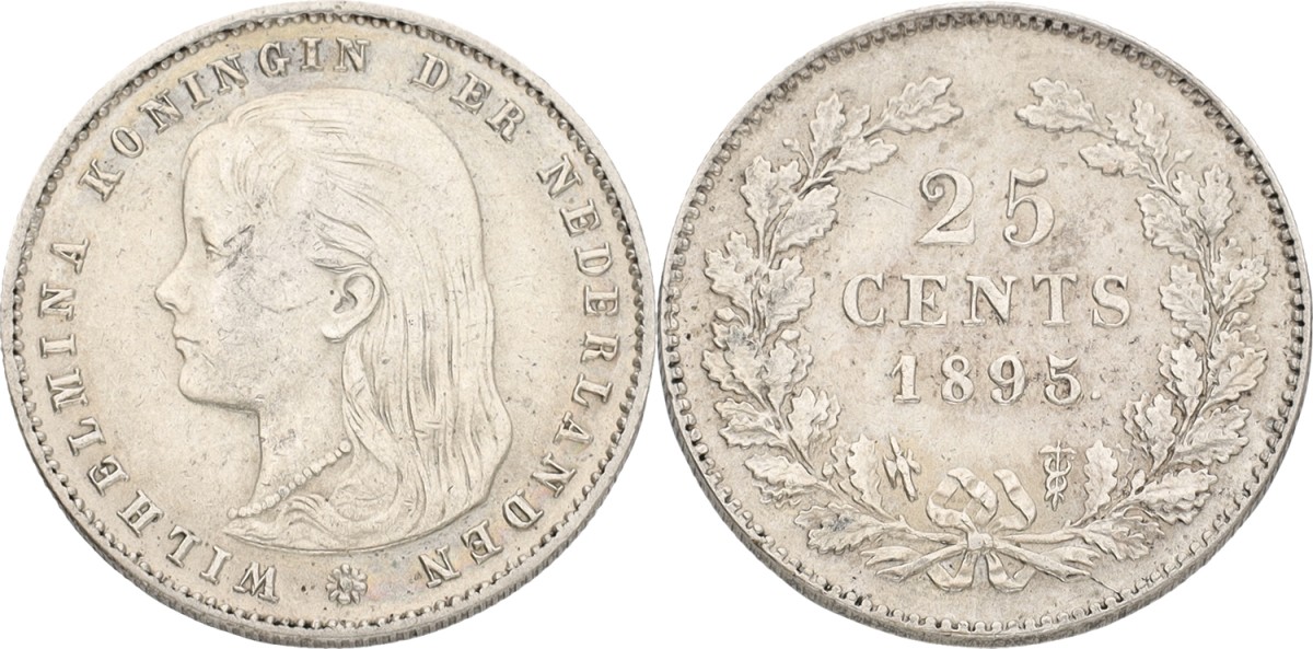 25 Cent. Wilhelmina. 1895. Slanted mintmark. VF / XF