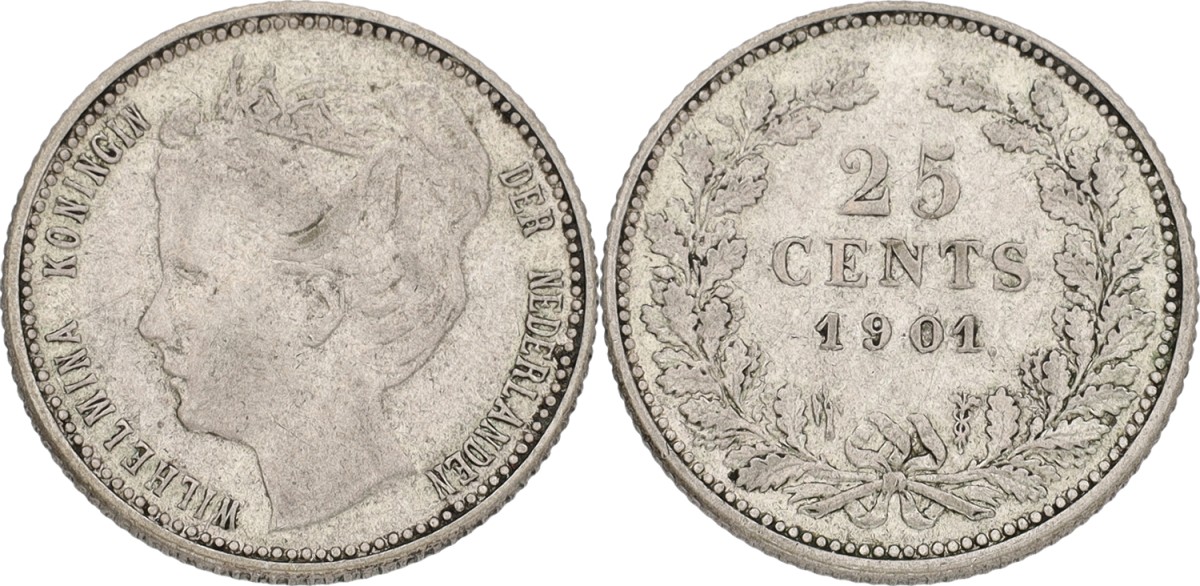 25 Cent. Wilhelmina. 1901. Wide truncation. VF / XF