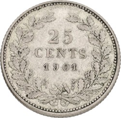 25 Cent. Wilhelmina. 1901. Wide truncation. VF / XF