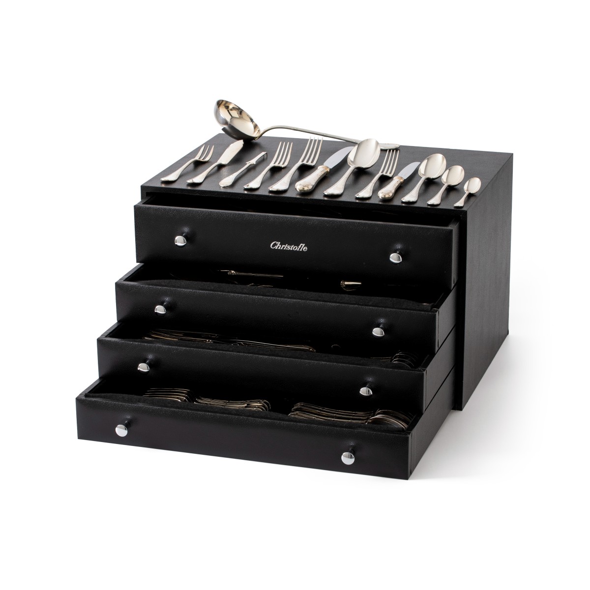 Christofle bestekcassette (111), model Rubans-croises, Parijs 1980-1990, verzilverd