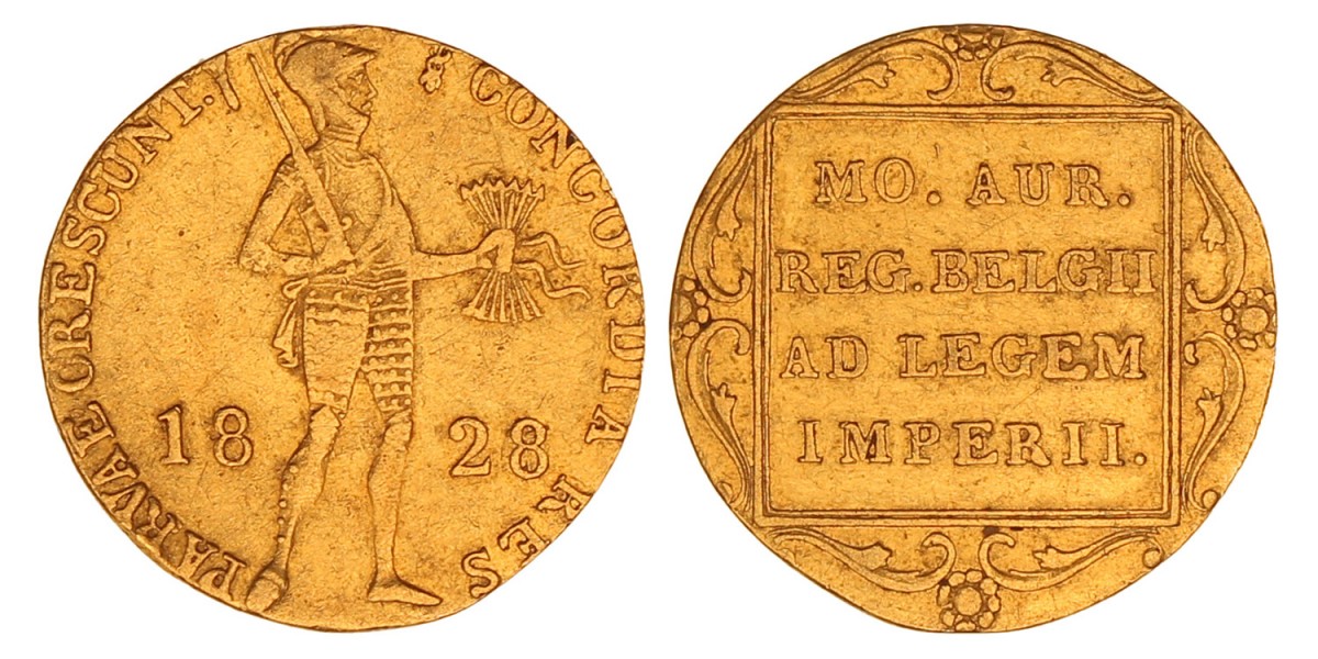 Gouden dukaat Willem I 1828/27. Zeer fraai.