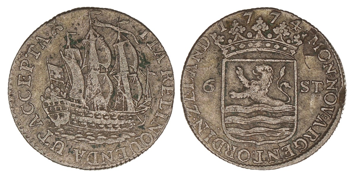Scheepjeschelling van 6 Stuiver Zeeland 1774. Zeer Fraai -.