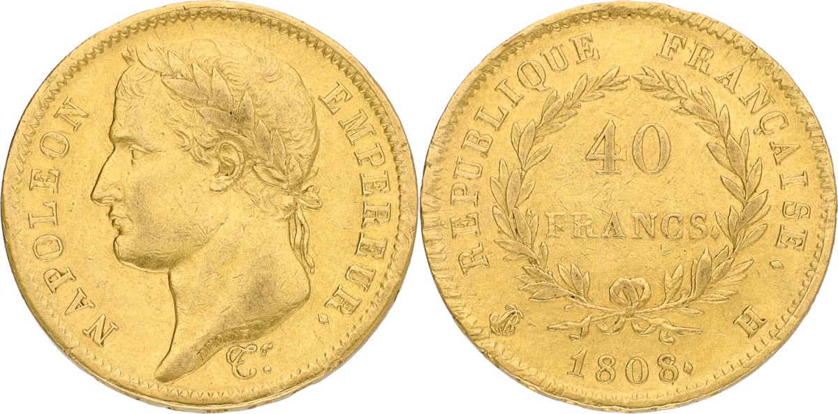 France. Empire. Napoleon. 40 Francs. 1808 H. VF +