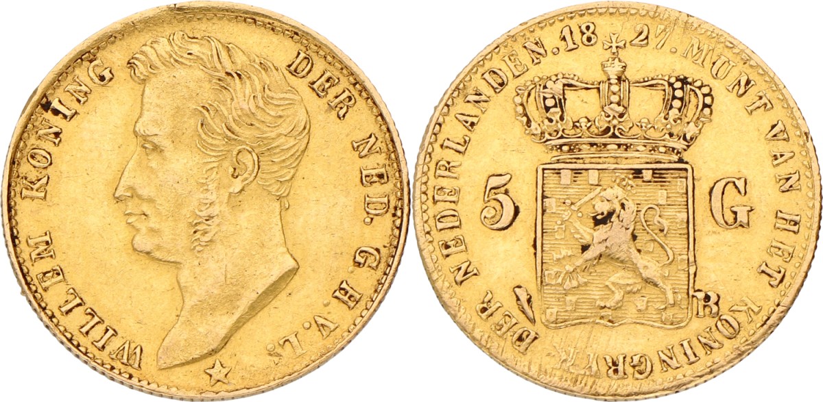 5 Gulden. Willem I. 1827. Open B. VF / XF.
