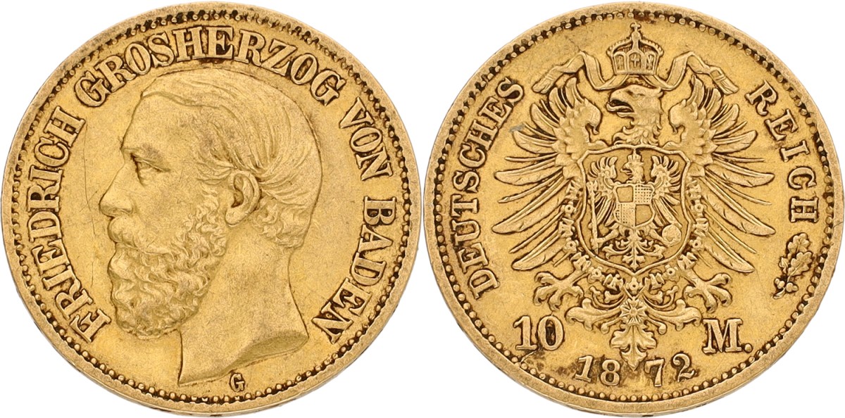 German states. Baden. Friedrich. 10 Mark. 1872 G. VF / XF