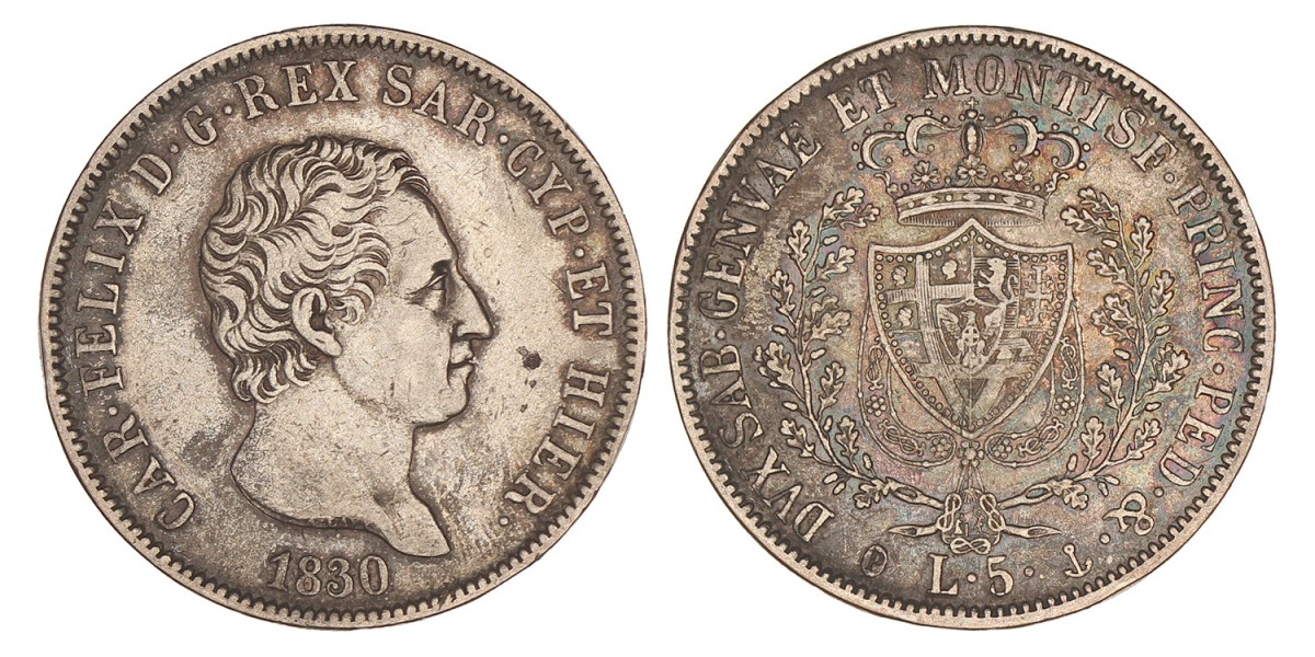 Italian states. Sardinia. Carlo Felice. 5 Lire. 1830 P.