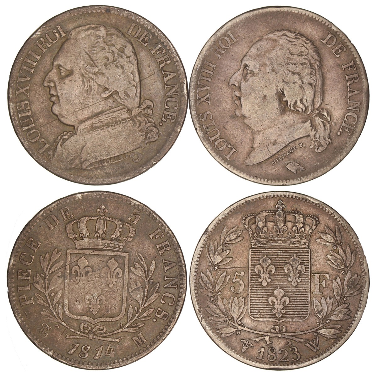 France. Louis XVIII. Lot (2) 5 Francs. 1814 M and 1823 W.