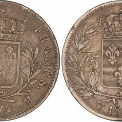 France. Louis XVIII. Lot (2) 5 Francs. 1814 M and 1823 W.