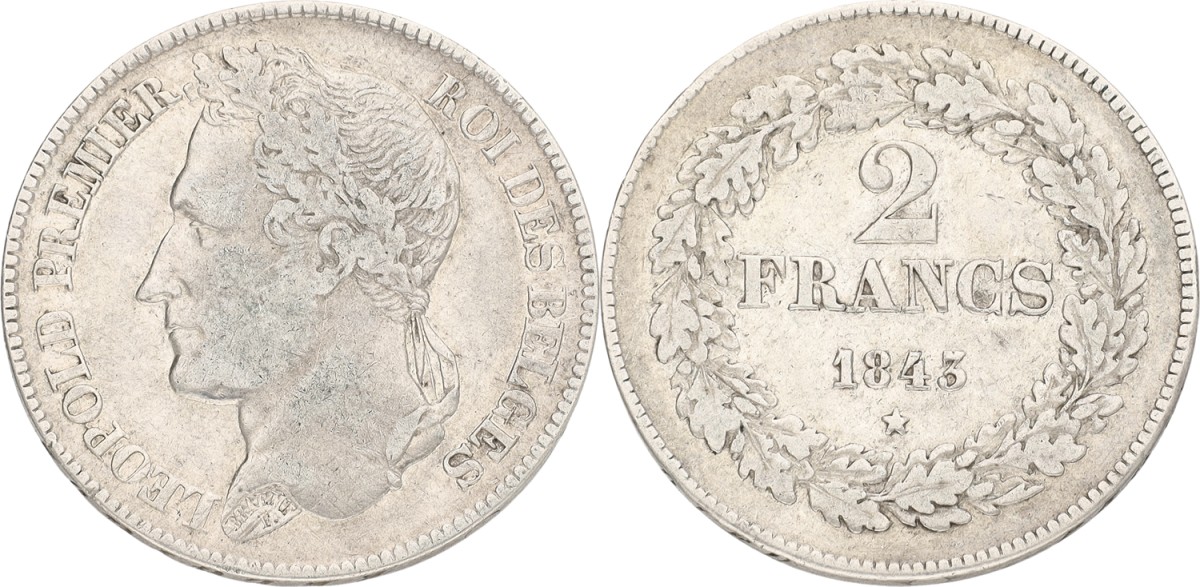 Belgium. Leopold I. 2 Francs. 1843. VF +