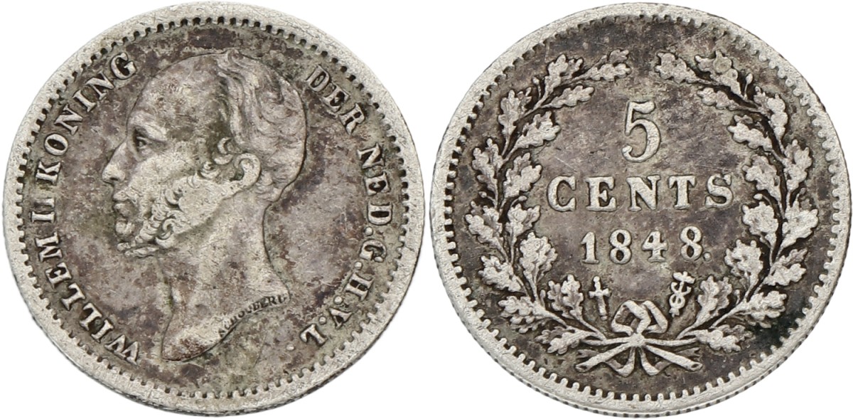 5 Cent. Long bust. Willem II. 1848 B. VF -
