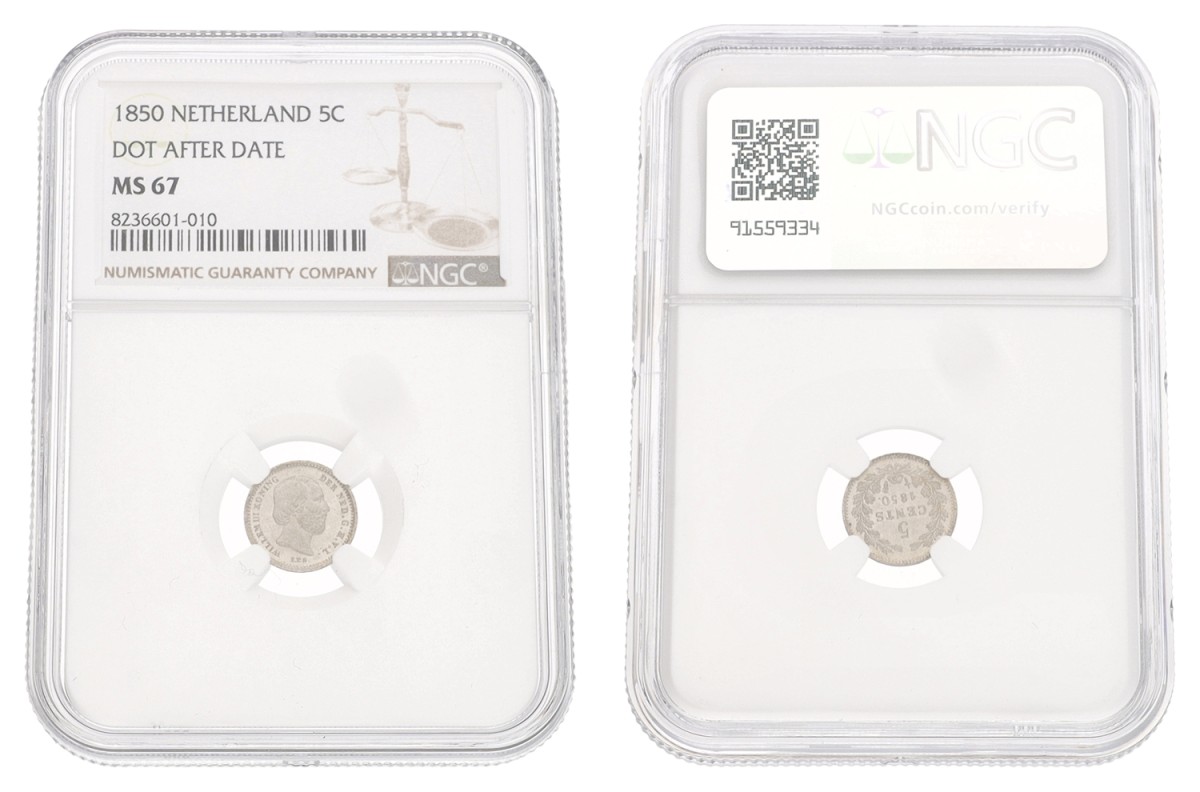 5 Cent. Willem III. 1850 - With dot. MS 67