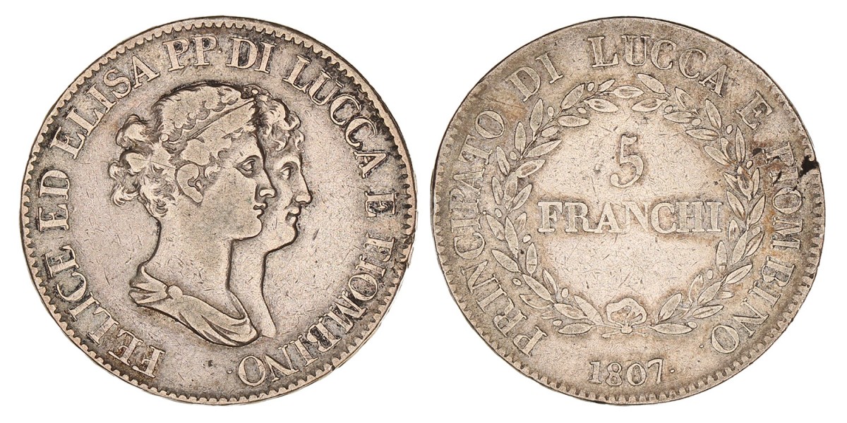 Italian States. Lucca. Felix and Elisa. 5 Franchi. 1807.