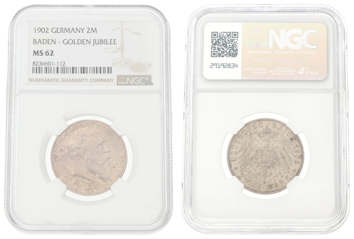 German states. Baden. Friedrich. 2 Mark - Golden jubilee. 1902. MS 62
