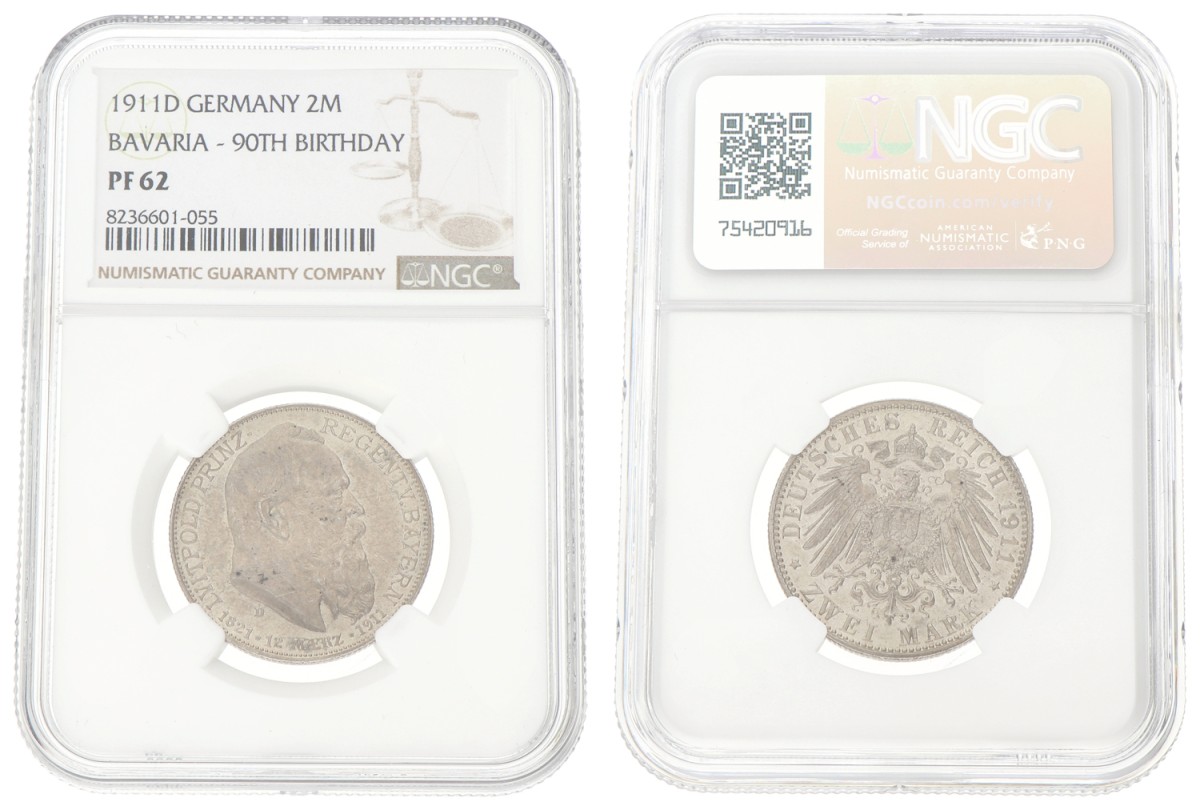 German states. Bavaria. Luitpold. 2 Mark - 90th birthday. 1911 D. PF 62.